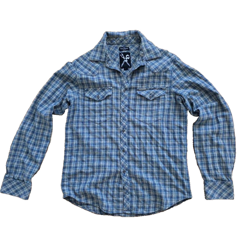 Marc Ecko Shirt Mens Medium Navy Plaid Long Sleeve medium A001237